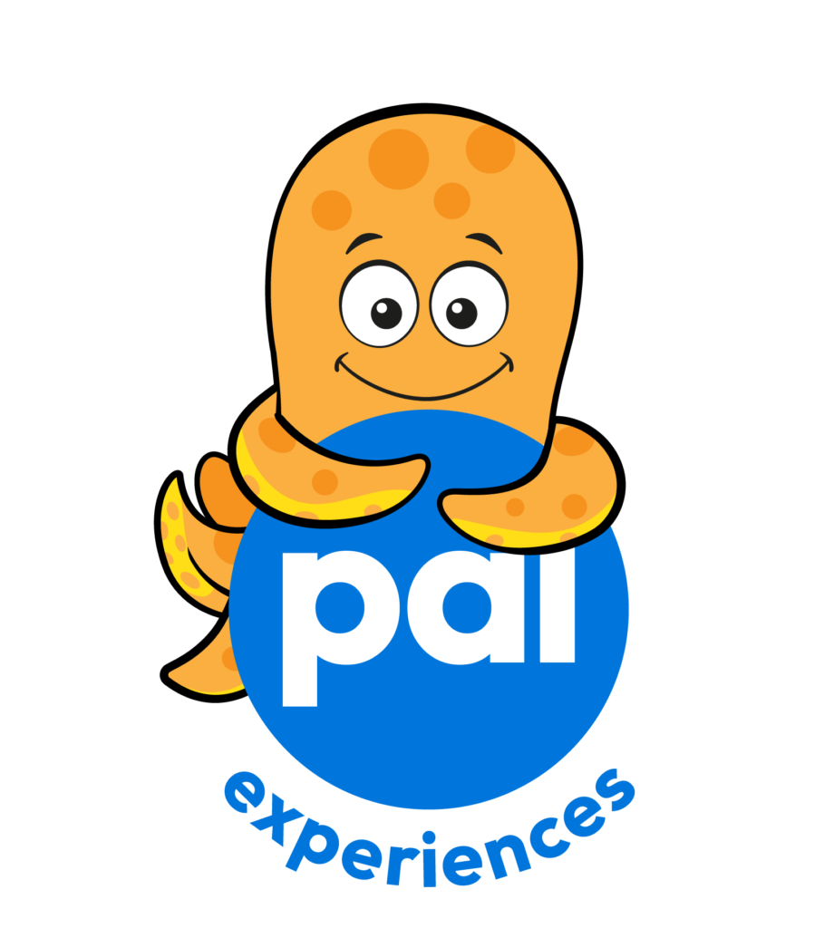 Buddy the octopus hugs the Pal Experiences logo