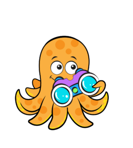 Buddy a cartoon octopus holds binoculars up to his smiling face