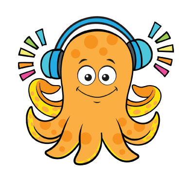 Buddy, an orange cartoon non-verbal octopus is wearing colorful headphones to help with his sensory intake.
