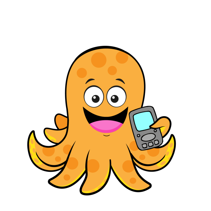Buddy the orange octopus has a big smile and holds a cellphone